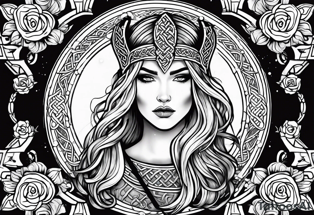 Viking goddess, axes, moonlight, flowers, Celtic, bedroom eyes, circular border, thors hammer tattoo idea