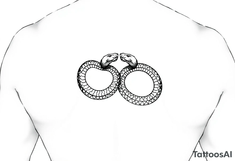 Id like a back tattoo with two snakes.  The illustration should be minimal with "skin-break."  I'd like the tails to be intertwined to accentuate my upper buttocks/upper butt crack, and Id like the snakes to moving upwards to the upper back, with the heads stopping just under my shoulder blades.  Almost like a "V shape" but very organic, like a symmetrical winding road.  Id like the tattoo to be sexy and accentuate my back to make my waist look small.  Black and white. Minimal.  Fine line. Please use a male body type. tattoo idea