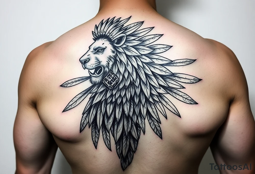 powerful majestic lion quetzal bird with long feathers and mayan tribal signs tattoo idea