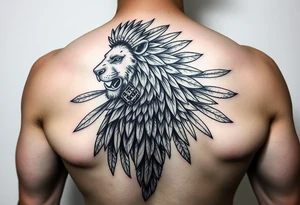 powerful majestic lion quetzal bird with long feathers and mayan tribal signs tattoo idea