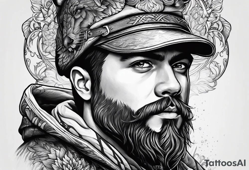 a man with a bear's head instead of a hood and a beard tattoo idea