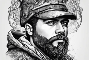 a man with a bear's head instead of a hood and a beard tattoo idea