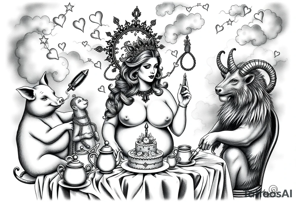 Storm clouds gothic sexy naked fat lady having a tea party with tea pots and 
with a pig, peacock, noose, lion, goat, smoking cigerettes looking in the mirror having sex with a man eating a cake thru storm clouds with knife and broken hearts and darkness and wrath, envy , gluttony, greed, sloth, pride kill tattoo idea