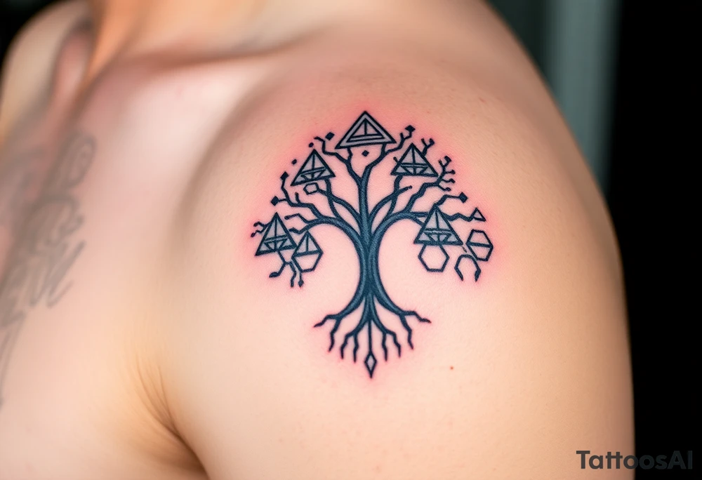 A geometric family tree with deep root interconnected triangles and hexagons, reflecting the strong foundation of ancestry tattoo idea