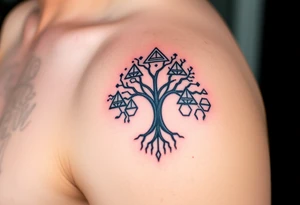 A geometric family tree with deep root interconnected triangles and hexagons, reflecting the strong foundation of ancestry tattoo idea