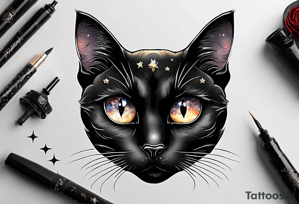 Photo realistic black cat head with moon and stars tattoo idea