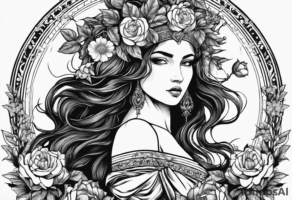 Greek mythology with persephone goddess with a dark or gothic perspective. Include pomegranate, flowers and her being the queen of the underwood tattoo idea