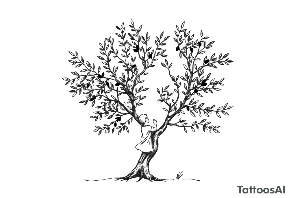 An olive tree with a child and his parents picking iy tattoo idea