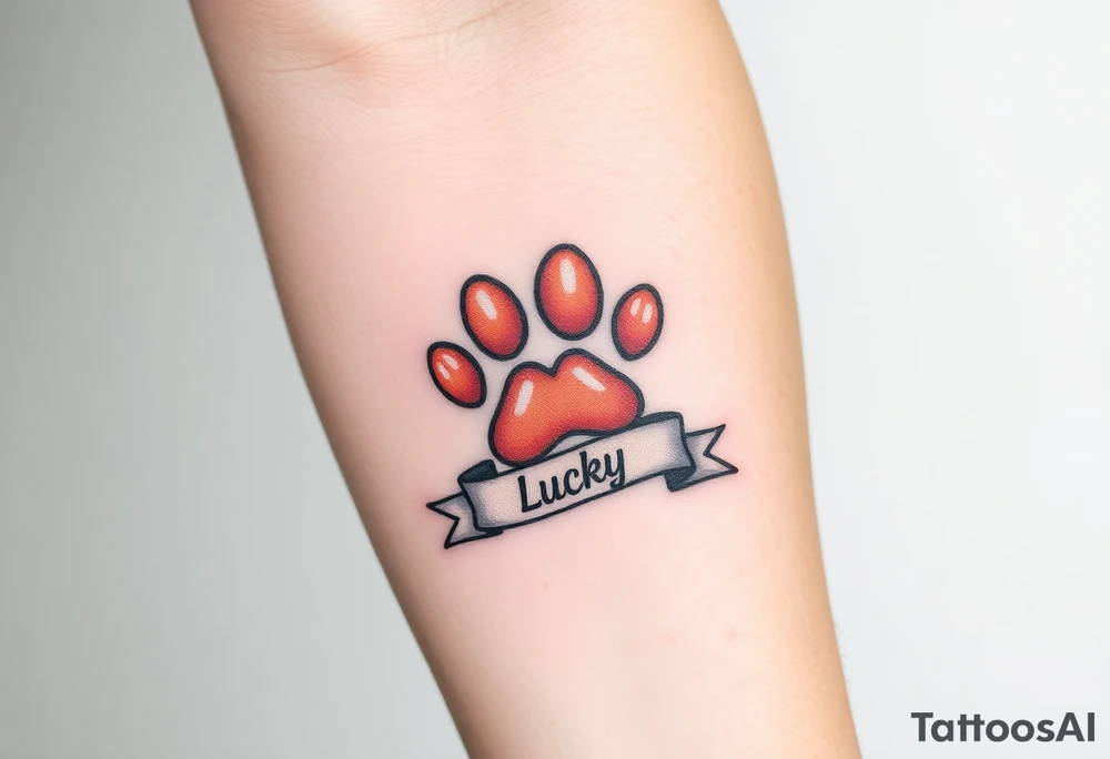 A paw print intertwined with a hearts and ribbon bearing a name Lucky, using a soft gradient of peach and rose gold tattoo idea