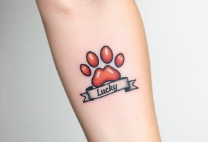 A paw print intertwined with a hearts and ribbon bearing a name Lucky, using a soft gradient of peach and rose gold tattoo idea