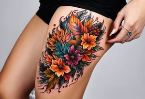 Front knee tattoo with fall colors, flowers, leaves, water flow tattoo idea