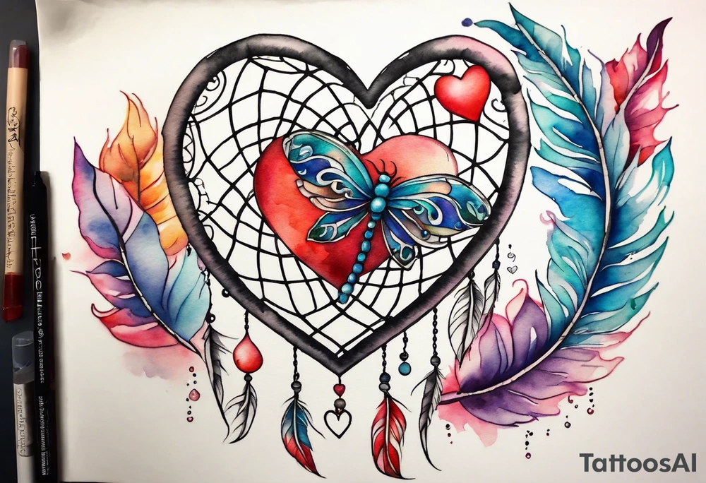 Watercolor tattoo of heart shaped dream catcher with cross going through the heart. Dragonfly flying on side tattoo idea
