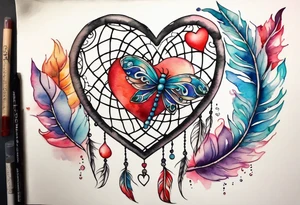 Watercolor tattoo of heart shaped dream catcher with cross going through the heart. Dragonfly flying on side tattoo idea