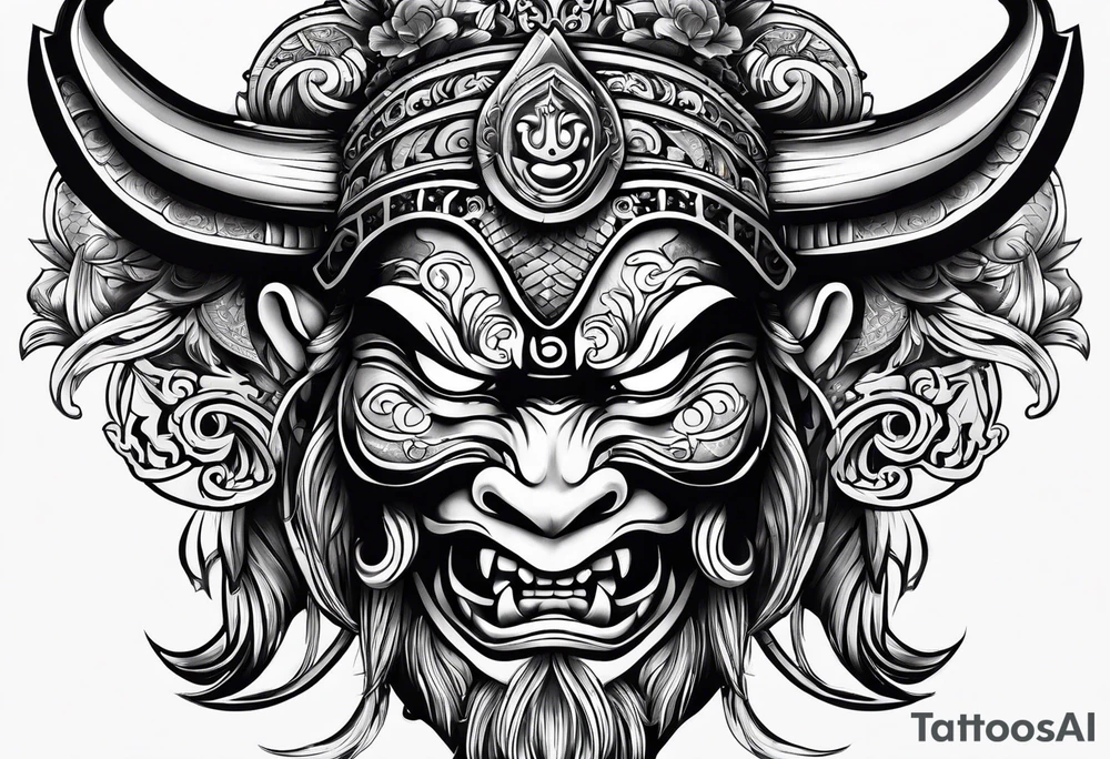 Japenese henya mask black tusk tattoo idea