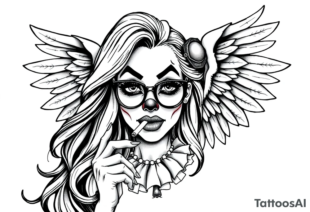 beautiful long hair Clown Girl thug eyeglasses angel wings smoking a cigarette tattoo idea