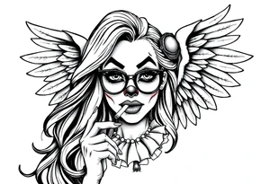 beautiful long hair Clown Girl thug eyeglasses angel wings smoking a cigarette tattoo idea