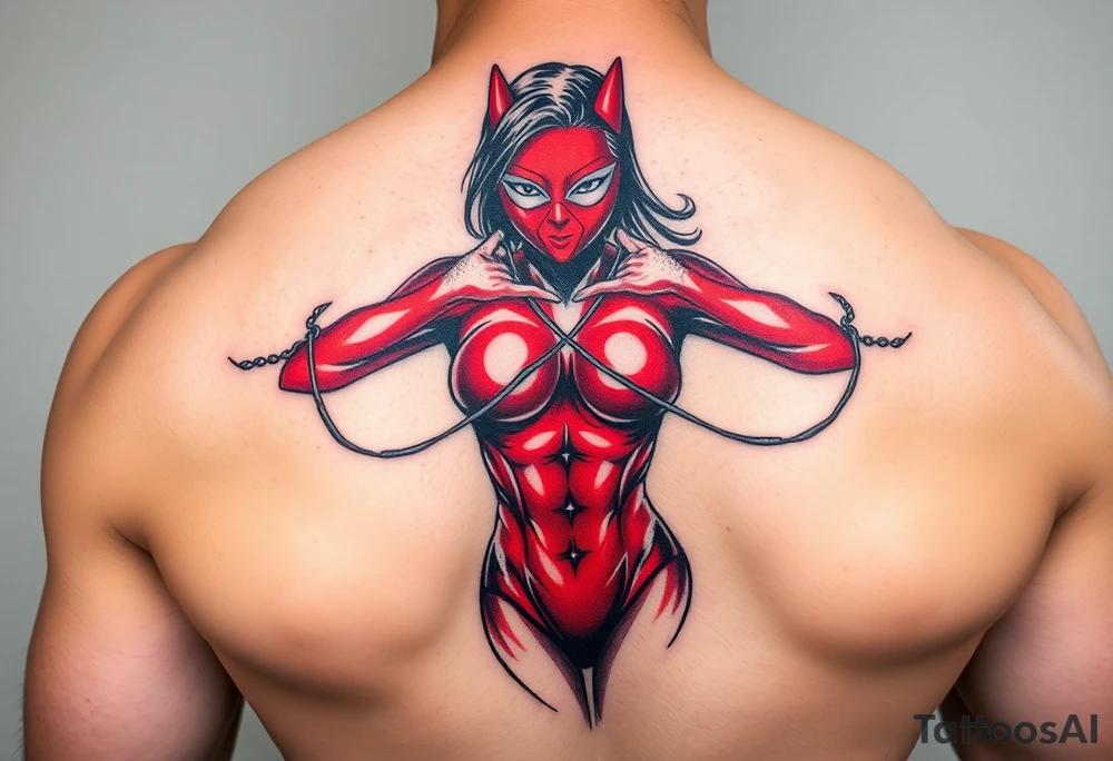 powerful female dominatrix wearing a red latex catsuit wearing a facemask tying up her submissive tattoo idea