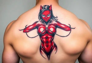 powerful female dominatrix wearing a red latex catsuit wearing a facemask tying up her submissive tattoo idea