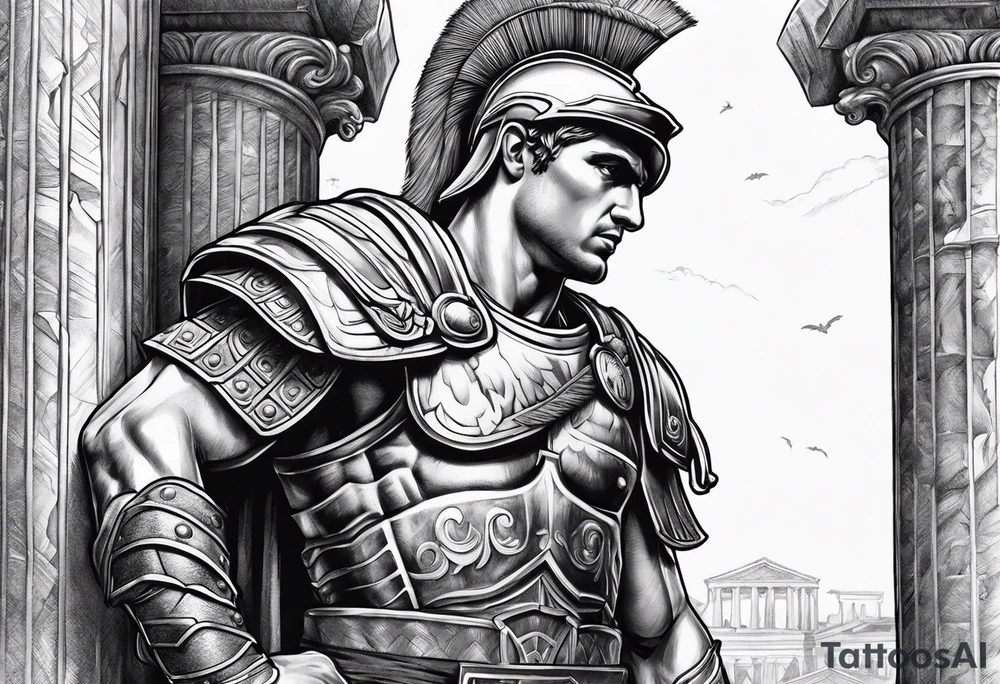 Roman solider looknig at pillars in background tattoo idea