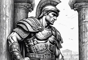 Roman solider looknig at pillars in background tattoo idea