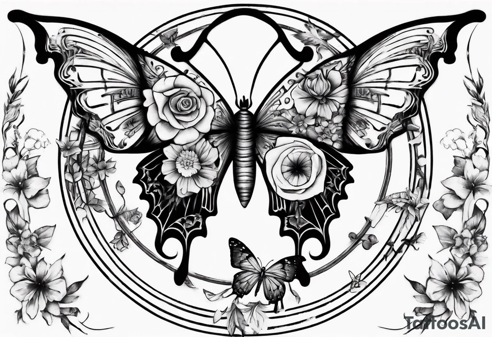 Butterfly wrap tattoos with large centre piece with moon and floral theme tattoo idea