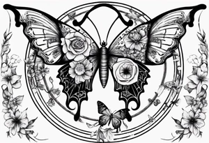 Butterfly wrap tattoos with large centre piece with moon and floral theme tattoo idea
