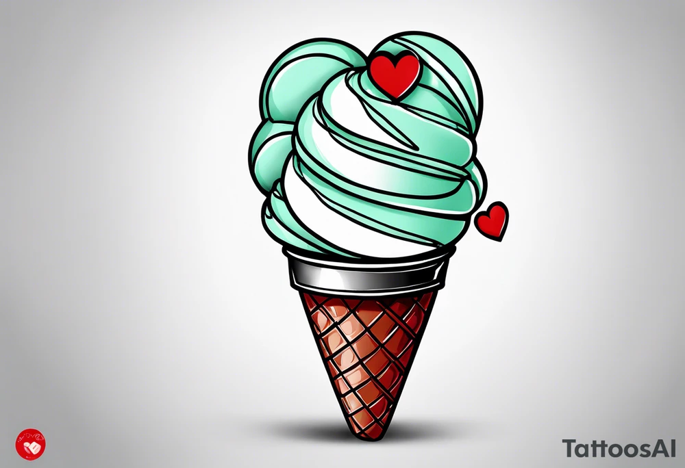 simple mint chocolate chip ice cream cone with small red heart on it somewhere while representing Paris tattoo idea