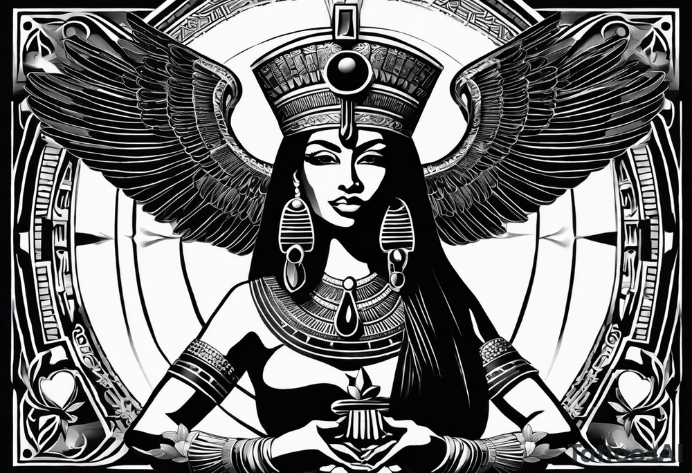 black and white Egyptian goddess Isis, who is often depicted as a woman with outstretched wings, holding an ankh (a symbol of life) in one hand and a lotus flower in the other. Her headdress often includes a throne or a solar disk. The tattoo design can vary in style and size, but it typically aims to capture the essence of this revered Egyptian deity, emphasizing her beauty, power, and maternal qualities. The choice of colors and additional elements can also be customized to create a unique and visually striking representation of the goddess Isis tattoo idea