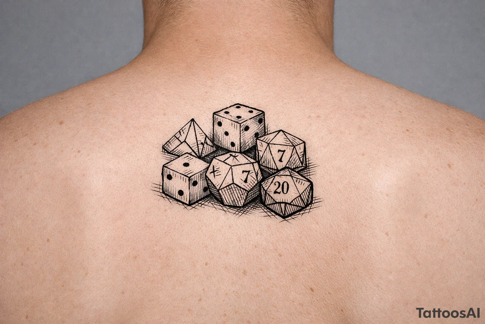dice, vibrant colors, scattered on a flat surface. tattoo idea