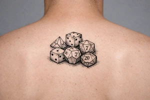 dice, vibrant colors, scattered on a flat surface. tattoo idea