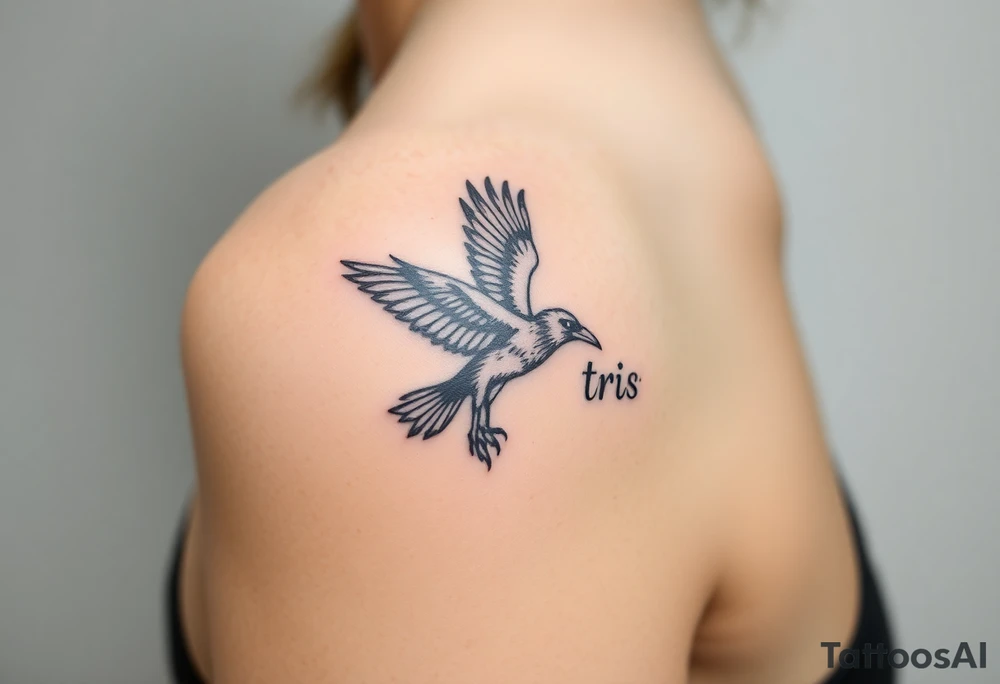 A detailed raven in mid-flight, wings spread wide with intricate feather patterns, symbolizing Tris’s journe and name TRIS tattoo idea