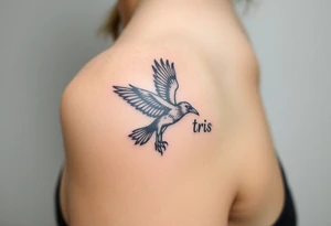 A detailed raven in mid-flight, wings spread wide with intricate feather patterns, symbolizing Tris’s journe and name TRIS tattoo idea