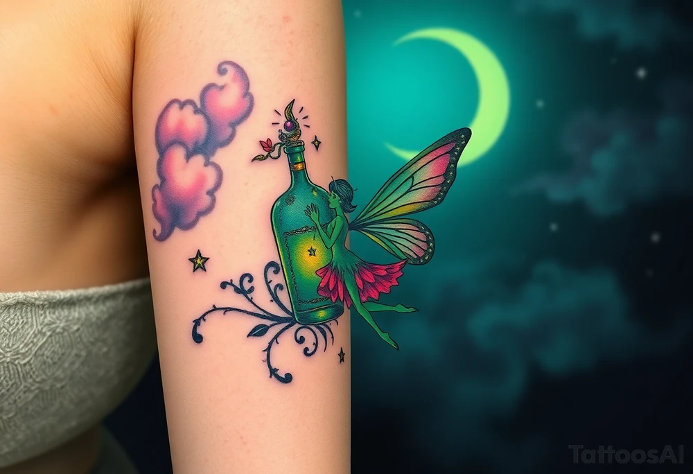 Tim Burton’s pin up style Vintage Parisian elegant and hauntingly beautiful yet eerie full body absinthe Green Fairy dances outside her victorian crystal decatur she was once inside this elaborate ornate bottle absinthe bottle Absinthe Art Nouveau   and dripping with muted reds, dusty pinks, and eerie green glow.purple and cyan smokey clouds swirl in the crescent moonlit sky thats sprinkled with stars tattoo idea