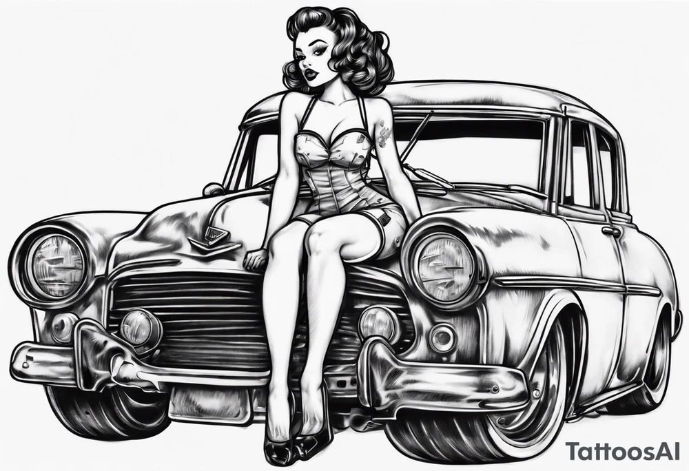pinup doll sitting on the hood of an old car tattoo idea