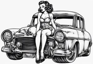 pinup doll sitting on the hood of an old car tattoo idea