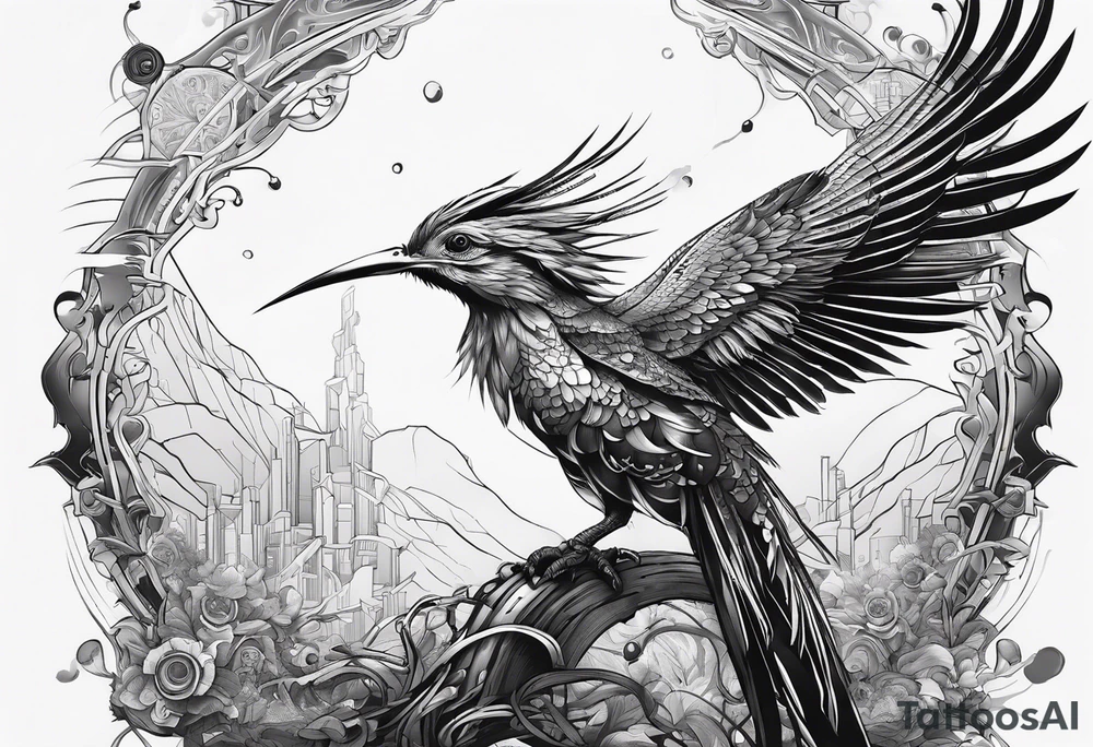 Cyberpunk Quetzal that has cybernetic neurons coming from the bottom. tattoo idea