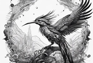 Cyberpunk Quetzal that has cybernetic neurons coming from the bottom. tattoo idea