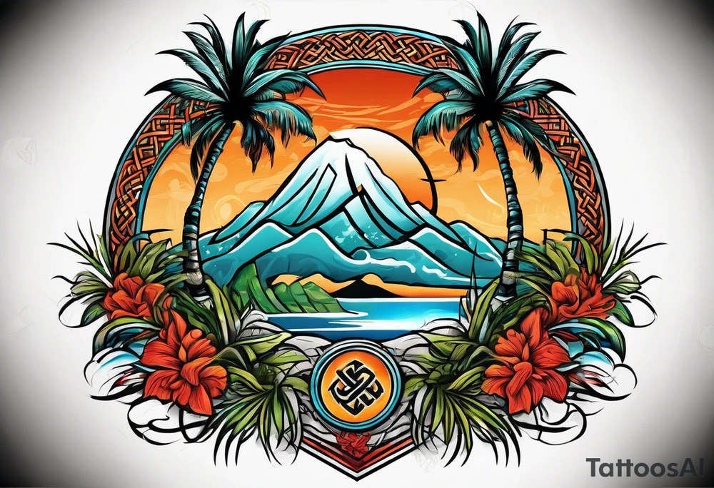 martial arts, palm trees and the celtic symbol for family tattoo idea