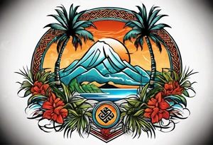 martial arts, palm trees and the celtic symbol for family tattoo idea