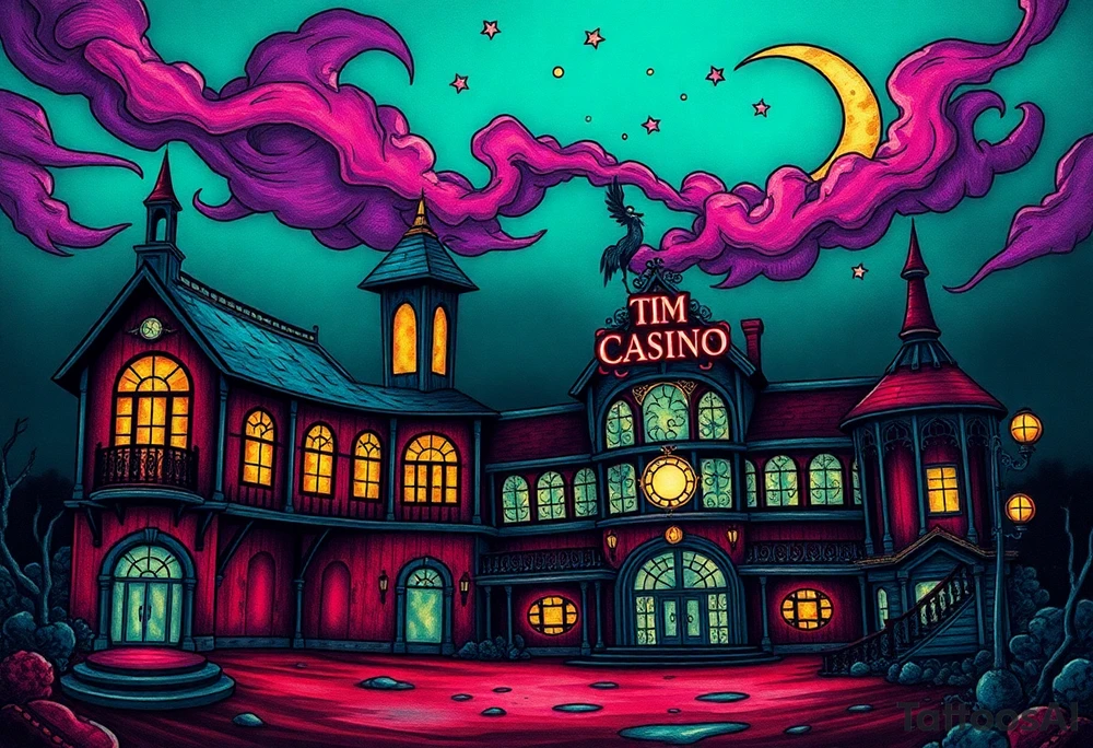 Tim Burton’s haunted casino is abandoned and dripping with muted reds, dusty pinks, and eerie green glow.purple and cyan smokey clouds swirl in the crescent moonlit sky thats sprinkled with stars tattoo idea tattoo idea
