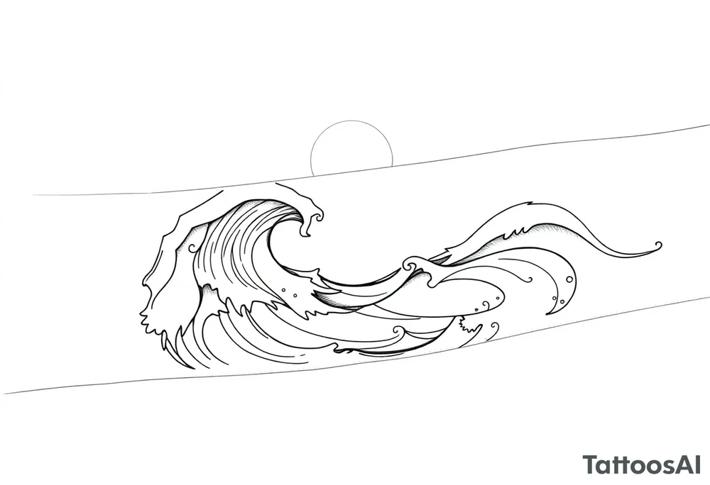 Wrap-around tattoo design on the forearm, black and white line art. Stylized calm sea with flowing waves wrapping around the arm, horizon line extending seamlessly. Above the horizon, a glowing sun or moon integrated into the circular flow, with subtle Norse runes (Algiz, Raido) hidden in the light. Balanced, elegant, marine and mythological atmosphere. Clean outlines, high contrast, stencil-ready for forearm tattoo. tattoo idea