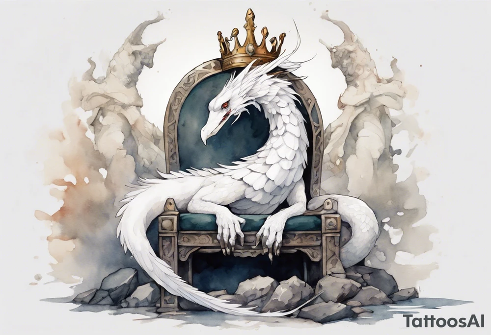 a white bird-serpent hybrid, wearing an iron crown on its head, resting on a stone throne tattoo idea