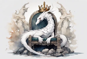 a white bird-serpent hybrid, wearing an iron crown on its head, resting on a stone throne tattoo idea