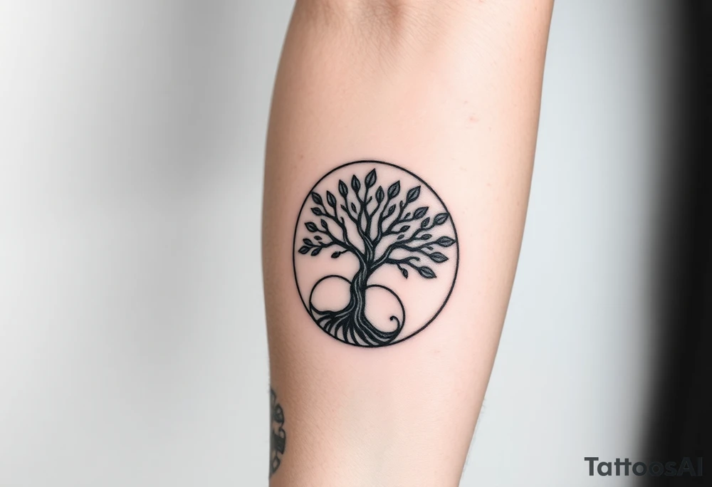 Tree with few leaves encircled in a spiral circle starting from the center of the tree and spiraling out, clockwise direction tattoo idea