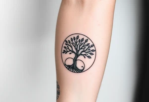 Tree with few leaves encircled in a spiral circle starting from the center of the tree and spiraling out, clockwise direction tattoo idea