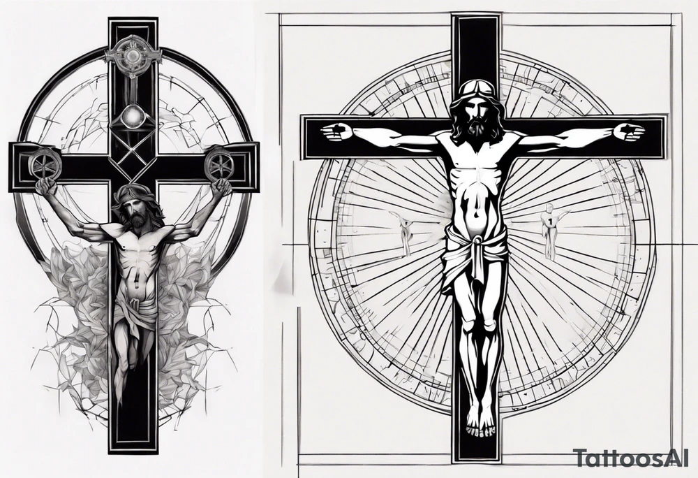 Geometric Vitruvian man combined with Jesus on the cross tattoo idea