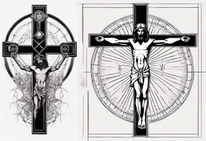 Geometric Vitruvian man combined with Jesus on the cross tattoo idea