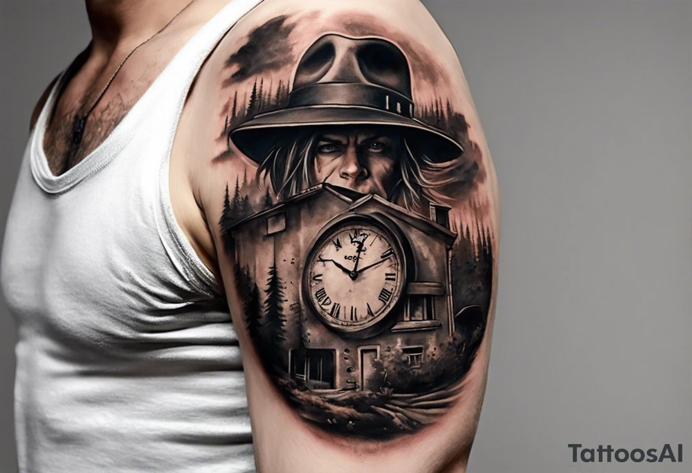 Le tattoo doit intégrer, un paysage montagneux et forêt, une horloge à 21h44.
Il faut aussi une pellicule de cinéma déroulée. Un vieux chapeau de l'armée italienne. avec une main de poker gagnante tattoo idea