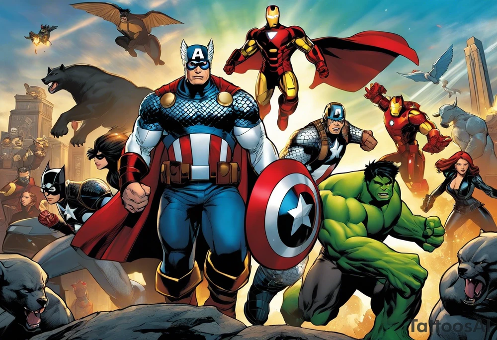 I want to change Avengers Team characters with animals. Hulk will be represented by a Badger.
Thor will be depicted as an Alpha Grey Wolf.
Captain America will be symbolized by a Bull.
Iron Man's character will be embodied by a Canary.
Black Widow's role will be portrayed by an Axolotl.
Hawkeye will be depicted as a Sudan Plated Lizard.
Nick Fury will be represented by a Cat. tattoo idea