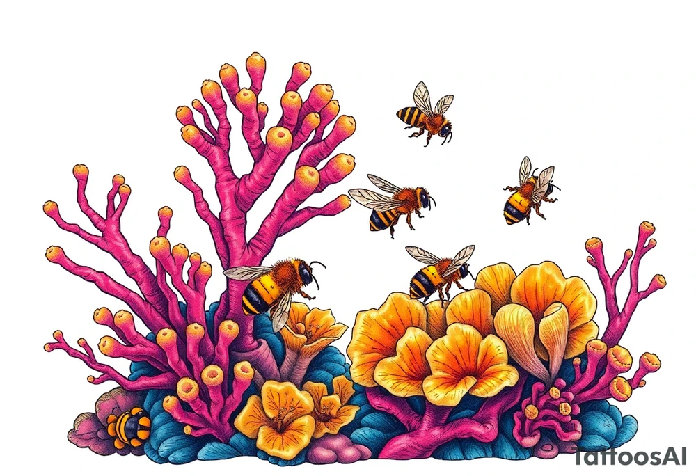Coral reef scene with honey bees swimming tattoo idea
